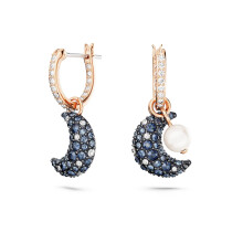 Rose Gold Plated Pave CZ Huggie Earrings with Moon & Pearl Drop, Chic Celestial Design 5671569