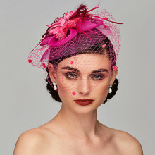 Voile de Mariée Rose, Accessoire de Cheveux avec Fleurs et Plumes en Maille