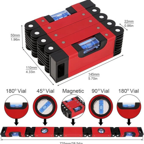 Multifunctional folding level, 71.1 cm multi-angle measuring tool, 5 sections with 4 bubble levels (45/90/180), precise 1