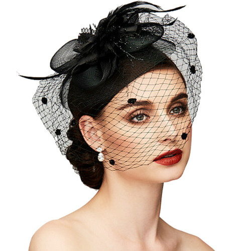 Voile de Mariée avec Fleurs et Plumes, Accessoire de Coiffure Violet 2