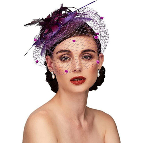 Voile de Mariée avec Fleurs et Plumes, Accessoire de Coiffure Violet
