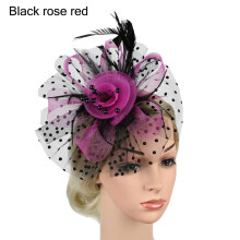 Voilette de mariée, accessoire de coiffure avec fleurs et plumes, Noir, rose red-2