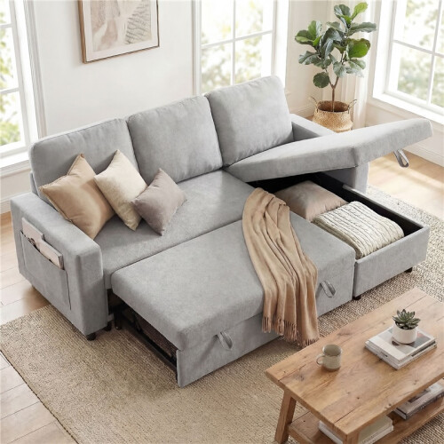 L Sofa Bed, with Storage - Light Grey 2