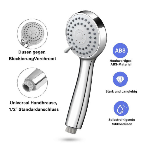 Pommeau de douche a risparmio idrico con aumento della pressione e 3 tipi di getto, cromato 2