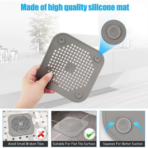 Capa quadrada para ralo de duche 5,7 polegadas em TPR, retentor de cabelos em silicone plano para casa de banho e cozinh 2