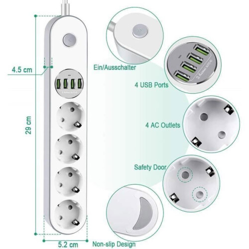 Surge protector power strip with 4 outlets + 4 USB Type E ports, 10A 2500W, 2m cable - White