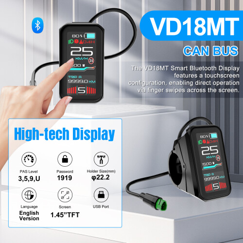 Varstrom VD18MT, Écran tactile pour vélo électrique, Système CAN/UART, Bluetooth, IP67