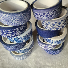 Lot de 12 Rubans Washi Décoratifs, Motifs Chinoiserie Bleu et Blanc, pour Journaling et Scrapbooking
