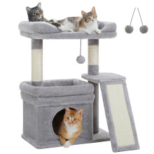 Arbre à chat pour intérieur, AMT0326GY, avec poteau de grattage en sisal et plateforme large, Bois, Taille M