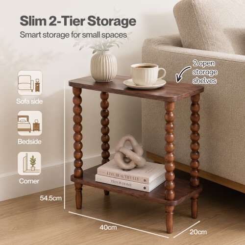Levede Narrow Side Table 2 Tier Storage MDF End Table Rubber Wood Legs Brown 2