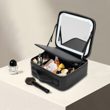 Trousse de maquillage LED avec miroir, Noir, Grande capacité, Compartiments réglables, Portable