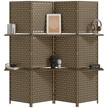 4-Panel Room Dividers with Shelves, Wave Fibre for Indoor Bedroom Office, 180 cm, Brown
