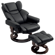 360 Swivel Recliner Chair with Footstool, PU Leather, Solid Wood Base, for Living Room, Bedroom, Office, Black