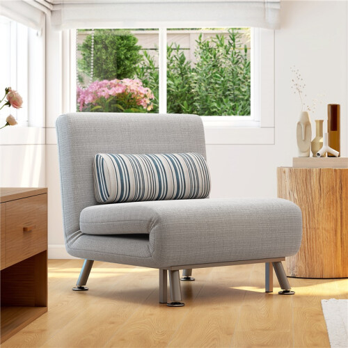 Single Sofa Bed, 1 Person Sleeper Foldable Lounge with Pillow, Light Grey 2