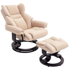 360 Swivel Recliner Chair with Footstool, PU Leather, Solid Wood Base, for Living Room, Bedroom, Office, Cream