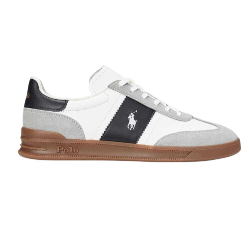 Ralph Lauren (7 UK, White/Black/Grey) Ralph Lauren Mens Aera Leather Flat Trainers