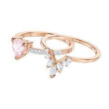 (6#=52mm) Rose Gold 2Pcs Stackable Ring Set Heart Pink Crystal & Marquise Leaf Matching Promise Wedding Bands for Women 5446302