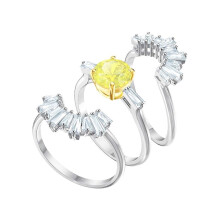 (8#=57mm) Silver 3Pcs Bridal Ring Set Round Yellow Center Stone Baguette Cut Crystal Stackable Engagement Wedding Band for Women 5459595
