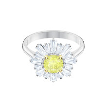 (8#=57mm) Silver Sunburst Halo Ring Round Yellow Crystal Center Baguette Clear Stone Starburst Statement Jewelry for Women 5474918