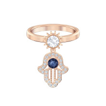 (7#=54mm) Rose Gold Hamsa Hand Dangle Ring Sun Charm Blue Clear Crystal Lucky Protection Stackable Jewelry for Women 5510068