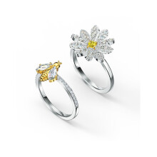 (6#=52mm) Two Tone Silver Gold Bee & Daisy Flower Stackable Ring Set Pave Clear Yellow Crystal Matching Jewelry for Women 5512661