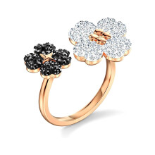 (7#=54mm) Rose Gold Two Tone Black & White Crystal Clover Open Ring Lucky Four Leaf Floral Stackable Statement Jewelry for Women 5534944