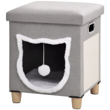 Cat House Cave, Cat Bed Cube with Scratching Pad, Soft Detachable & Washable Cushion, Toy Ball, for Indoor Kittens, Grey