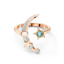 (7#=54mm) Rose Gold Adjustable Open Moon Star Ring Pearl AB Iridescent Crystal Stackable Celestial Jewelry for Women 5537127