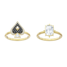 (8#=57mm) Gold Two Piece Stackable Ring Set Spade Black Crystal Pearl & Rectangle Clear CZ Poker Matching Jewelry for Women SOR0008