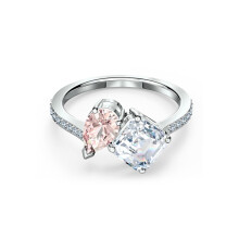 (6#=52mm) Silver Two Stone Engagement Ring Pear Pink & Princess Clear Cubic Zirconia Half Pave Wedding Jewelry for Women 5535260