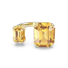 (7#=54mm) Gold Open Ring Emerald Cut Citrine Yellow Cubic Zirconia Two Stone Split Band Stackable Jewelry for Women 5609002