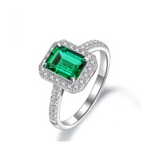 (8#=57mm) Silver Halo Emerald Cut Green Emerald Ring Pave Clear Cubic Zirconia Engagement Wedding Stackable Jewelry for Women SOR0009
