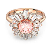 (7#=54mm) Rose Gold Sunburst Halo Ring Round Blush Pink Center Stone Baguette Clear Cubic Zirconia Floral Cocktail Statement Jewelry for Women 5642964