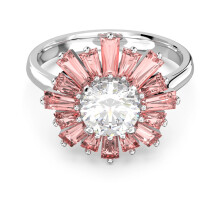 (6#=52mm) Silver Sunburst Halo Ring Round Clear Center Stone Baguette Pink Cubic Zirconia Floral Statement Cocktail Jewelry for Women 5642967