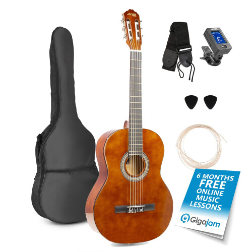 Beginners Acoustic Guitar Set, with Gig Bag, Tuner, Strap, Strings, Dark Natural
