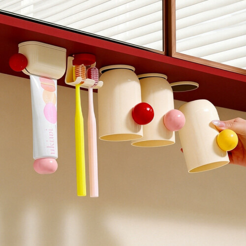 (Red Dispenser)Toothbrush Cup Wall Organizer With Magnetic Connection For Decor Bathroom 1