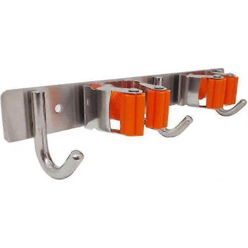 Utility Broom Holder, Stainless Steel Wall Mounted Storage Tool, With 2 Holders And 3 Hooks, Storage Solution