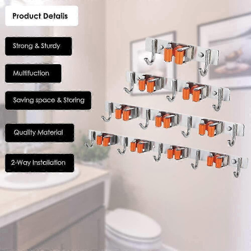 Utility Broom Holder, Stainless Steel Wall Mounted Storage Tool, With 2 Holders And 3 Hooks, Storage Solution 2