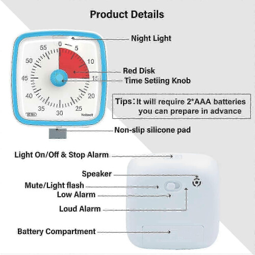 Visual Timer with Night Light, 60 Minute Countdown Timer for Kids and Adults, Silent Classroom Timer for Home, School or Work 1