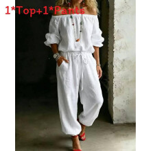 (White,XL)Versatile Womens 2piece Set With Long Sleeve Tshirt And Drawstring Pants For Wear Daily