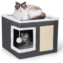 Lit pour chat intérieur, Grande niche pour chat avec boule suspendue et tapis de griffage, pliable