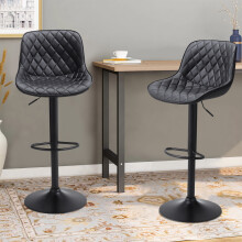 Set of 2 Adjustable Bar Stools - 90-110cm PU Leather Swivel Stools with Diamond Tufting, Black