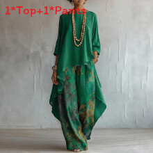 (Green,3XL)Loose Pants And Round Neck Top Set With Solid Color For Womens Spring Fashion