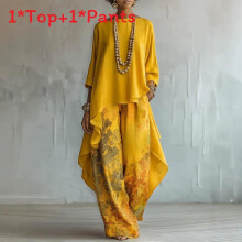 (Yellow,3XL)Loose Pants And Round Neck Top Set With Solid Color For Womens Spring Fashion