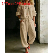 (Beige,XXL)Versatile Womens 2piece Set With Long Sleeve Tshirt And Drawstring Pants For Wear Daily