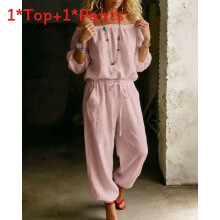 (Pink,L)Versatile Womens 2piece Set With Long Sleeve Tshirt And Drawstring Pants For Wear Daily