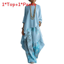 (Blue,XXL)Loose Pants And Round Neck Top Set With Solid Color For Womens Spring Fashion