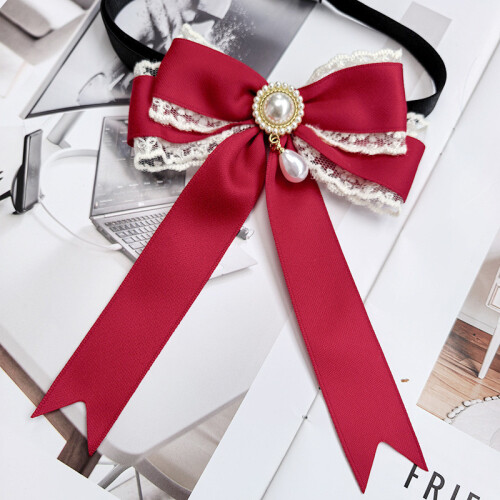 (RedBackStrap)Cravatta bambina fiocco pizzo con abbellimenti perle per accessori moda inverno