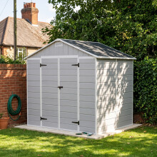 7.53 x 6.07FT Apex Roof Plastic Garden Storage Shed, Smoke Grey Wood Grain, Outward Opening w/ Lockable Latch