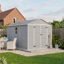 Garden Sanctuary 7.54x11.9ft Wood Grain Apex Plastic Tool Shed w/ Window, Smoky Grey
